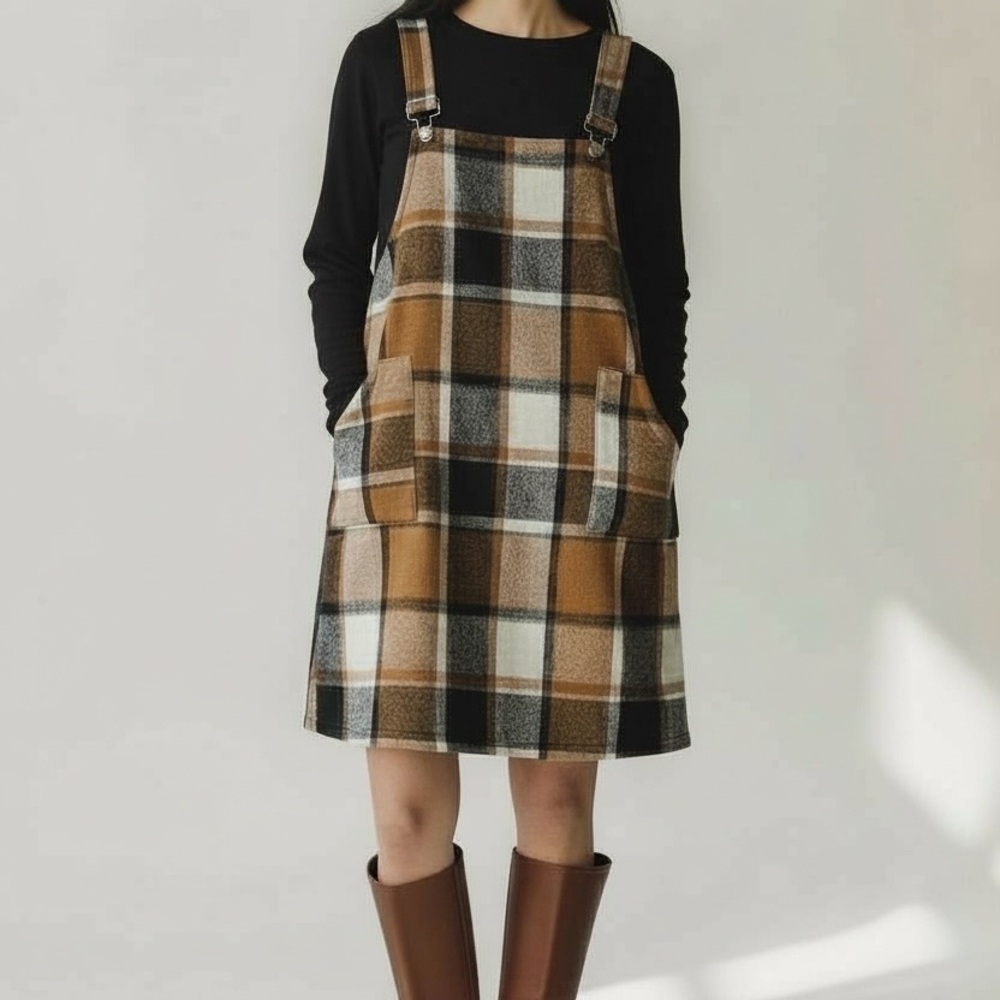 SHEIN‎ Brown Plaid Pinafore Dress